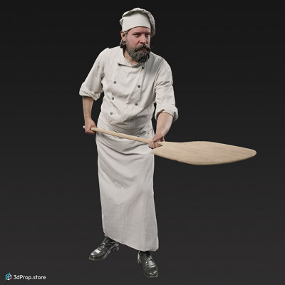 3D scan of a confectionar standing with a baking peel in his hand.