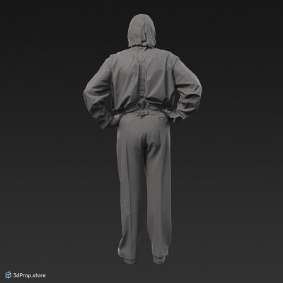 3D scan of a middle class man standing with hands on hips, wearing elegant trousers with suspenders, shirt and tie. Costume originates from 1930s, Europe.