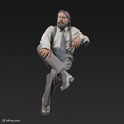3D scan of a sitting man in clothes fitting middle class people of the early 20th century