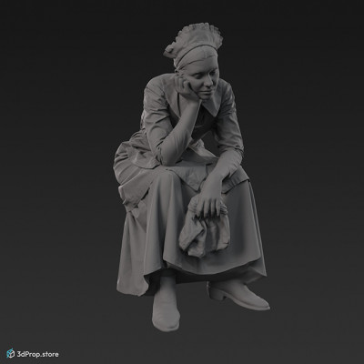 3D scan of a tiredly seated maid, holding a cleaning cloth in one hand and resting her head with the other. She is dressed in white and blue clothes, made of cotton and linen, from 1900, Europe.