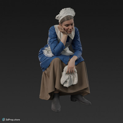 3D scan of a tiredly seated maid, holding a cleaning cloth in one hand and resting her head with the other. She is dressed in white and blue clothes, made of cotton and linen, from 1900, Europe.