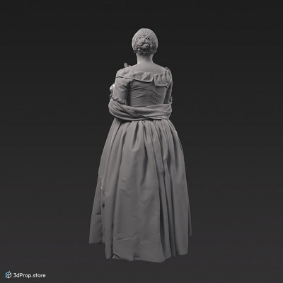 3D scan of an elegant lady from the1840, wearing a silky dress, holding a fan.