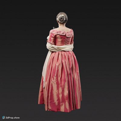 3D scan of an elegant lady from the1840, wearing a silky dress, holding a fan.