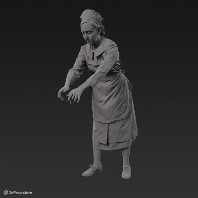 3D scan of a cleaning maid in a blue cotton and linen dress, wearing a white robe and a white cap from 1900s, Europe.