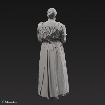 3D scan of a standing, middle-aged maid, wearing a white apron and a grey long-sleeved dress underneath, and she is holding a silver serving tray, from the 1910s, Europe. 
Probably a noble family's maid.