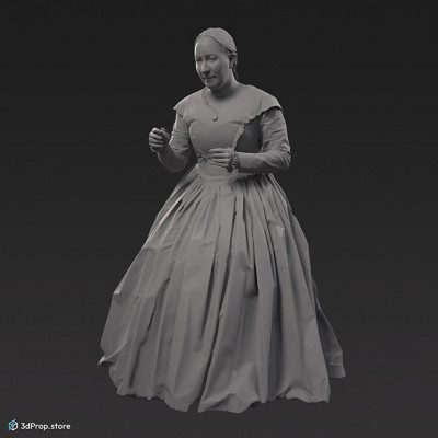 3D scan of a woman sitting in clothes typical for upper middle class people from the 1900s Europe.