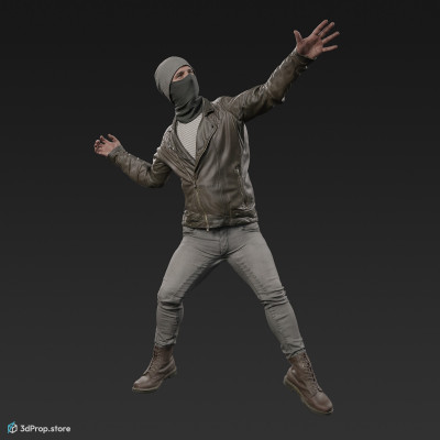 Posed 3D character scan - a man in modern street clothes and a scarf covering his face.