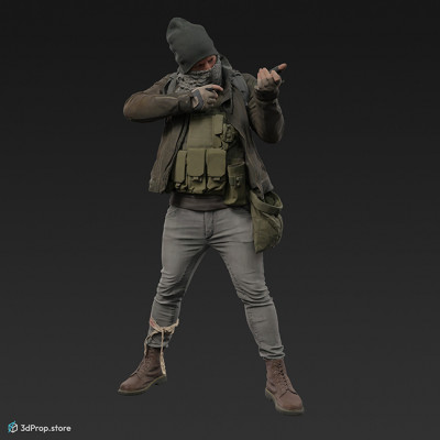 3D scan of a standing man in a shooting position, wearing assorted military and casual clothing.