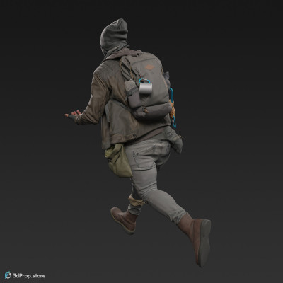 3D scan of a running man in assorted military clothes and positioned to be holding a gun.