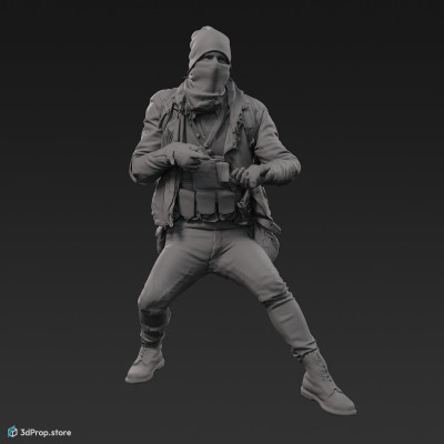 3D scan of a man in assorted military clothes and holding a gun.