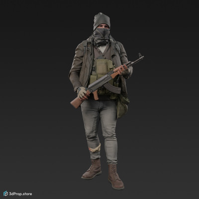 3D scan of a standing man in assorted military clothes and positioned to be holding a gun.