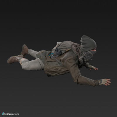 3D scan of a crawling man in assorted military clothes.