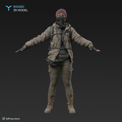 3D scan of a woman in a mask and assorted military clothing standing in A-pose. 
A 3D human model