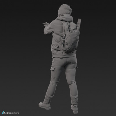 3D scan of a woman in assorted military clothing standing in a shooting pose.