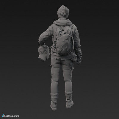 3D scan of a female member of a resistance movement in a dark clothes of leather, cotton and linen, her face covered by a scarf, standing with a machete and holding a severed human head.