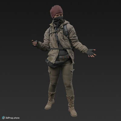 3D scan of a woman in a mask and assorted military clothing in a standing pose.