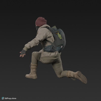 3D scan of a woman in a mask and assorted military clothing in kneeing pose.
A 3D human model