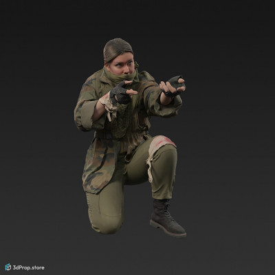 3D scan of a kneeling woman, wearing assorted military clothing, aiming with a rifle.