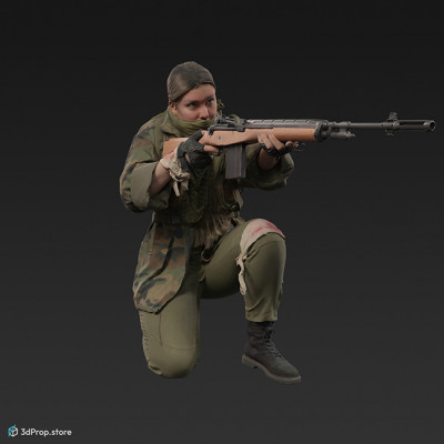 3D scan of a kneeling woman, wearing assorted military clothing, aiming with a rifle.