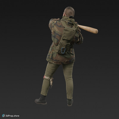 3D scan of a woman in assorted military clothing, posed to have a meele weapon in her hand.