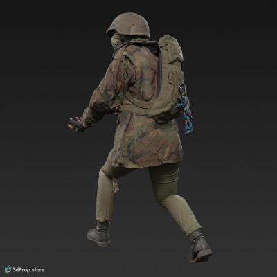 3D scan of a woman in assorted military clothing in walking pose holding a gun.