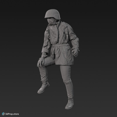 A posed 3D scan of a woman standing in assorted military clothing.