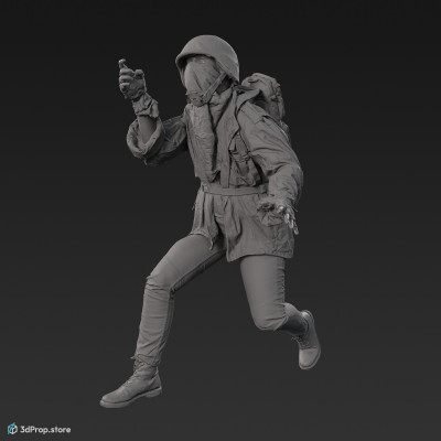 3D scan of a Guerilla woman holding one of her arms upwards as if holding a gun and she is wearing assorted military clothing made of linen denim and cotton, with camouflage patterns and a bandana covering the lower part of her face, from 2000, Europe.
