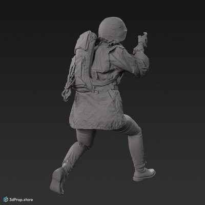 3D scan of a Guerilla woman holding one of her arms upwards as if holding a gun and she is wearing assorted military clothing made of linen denim and cotton, with camouflage patterns and a bandana covering the lower part of her face, from 2000, Europe.