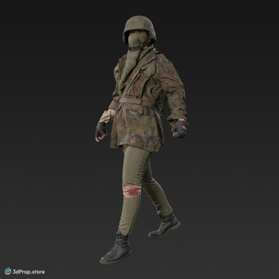 3D scan of a Guerilla woman in a walking pose, wearing camouflage green clothing made of cotton, linen and denim, with a helmet on her head and a scarf covering her entire face, from 2000, Europe.