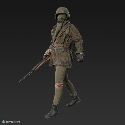 3D scan of a Guerilla woman in a walking pose, wearing camouflage green clothing made of cotton, linen and denim, with a helmet on her head and a scarf covering her entire face, from 2000, Europe.
