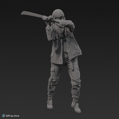 3D scan of a woman in assorted military clothing, posed to attack with a meele weapon.