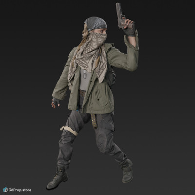3D scan of a woman in assorted military clothing in standing pose and hiding.