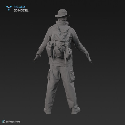 3D scan of a man in assorted military clothing standing in A-pose. 
A 3D human model