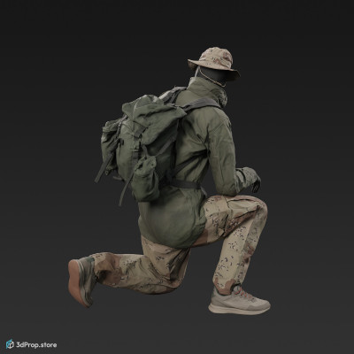 3D scan of a man in assorted military clothing in a kneeling pose.