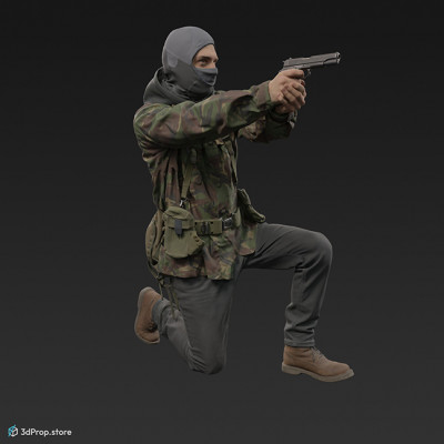 3D scan of a squatting man aiming with a pistol, wearing assorted military clothing.