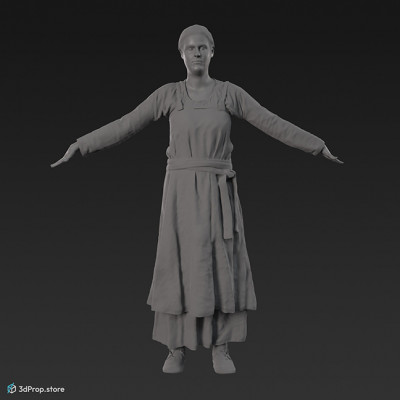 3D scan of a standing viking woman in an A posture, wearing linen and leather from the 900s, Europe.