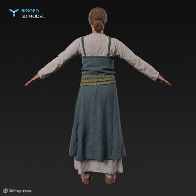 3D scan of a standing Swedish woman in an A-pose, wearing linen and leather from the 900s, Europe.
