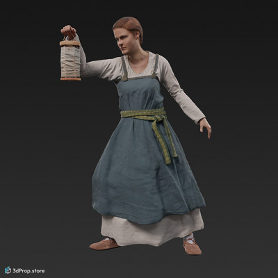 3D scan of a standing viking woman, wearing linen and leather from the 900s, Europe.