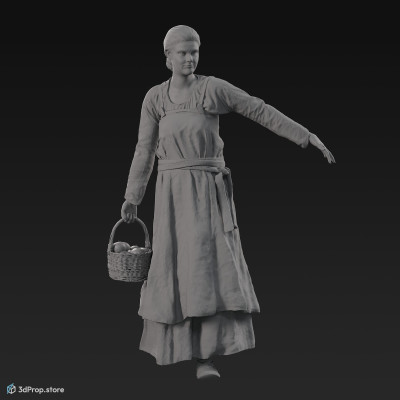 3D scan of a walking viking woman, while carrying a wicker basket full of apples. She is wearing linen and leather clothes from the 900s, Europe.