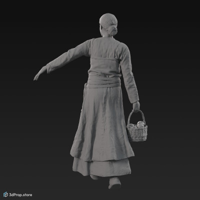 3D scan of a walking viking woman, while carrying a wicker basket full of apples. She is wearing linen and leather clothes from the 900s, Europe.