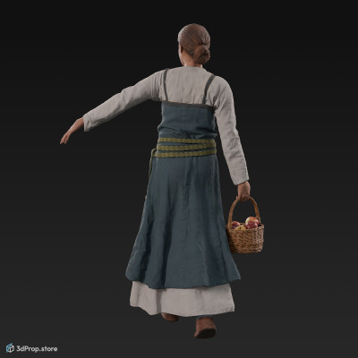 3D scan of a walking viking woman, while carrying a wicker basket full of apples. She is wearing linen and leather clothes from the 900s, Europe.