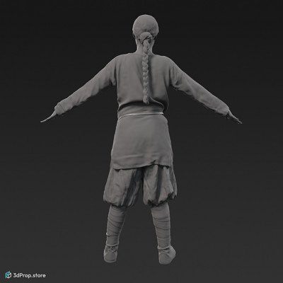 3D scan of a standing viking warrior woman in an A posture, wearing leather and wool clothes, from 980, Europe.