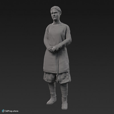 3D scan of a standing viking warrior woman, wearing leather and wool clothes, from 980, Europe.