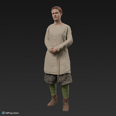 3D scan of a standing viking warrior woman, wearing leather and wool clothes, from 980, Europe.