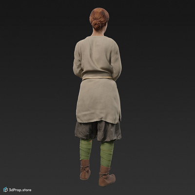 3D scan of a standing viking warrior woman, wearing leather and wool clothes, from 980, Europe.