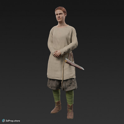 3D scan of a standing viking warrior woman, wearing leather and wool clothes, from 980, Europe.