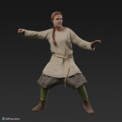 3D scan of a standing viking warrior woman, wearing leather and wool clothes, from 980, Europe.