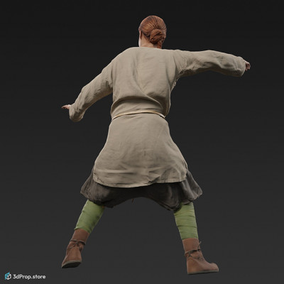 3D scan of a standing viking warrior woman, wearing leather and wool clothes, from 980, Europe.