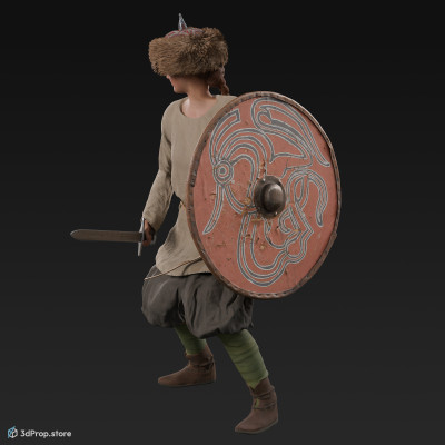 3D scan of a standing viking warrior woman, wearing leather and wool clothes, carrying a sword and a shield, from 980, Europe.
