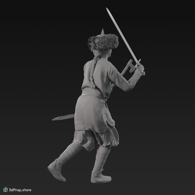 3D scan of an attacking viking warrior woman, wearing leather and wool clothes, from 980, Europe.